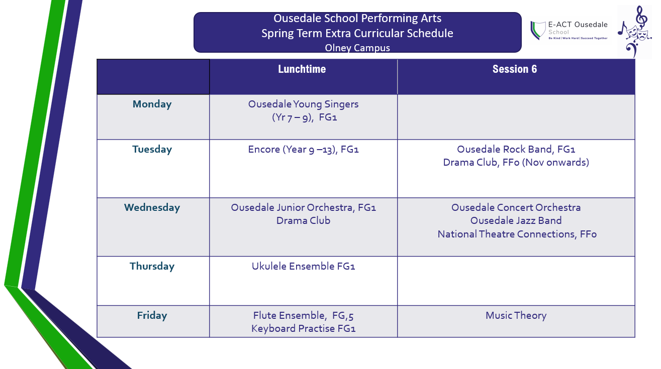 Olney performing arts schedule for spring term 2025. Contact us for a printed copy or for more information.
