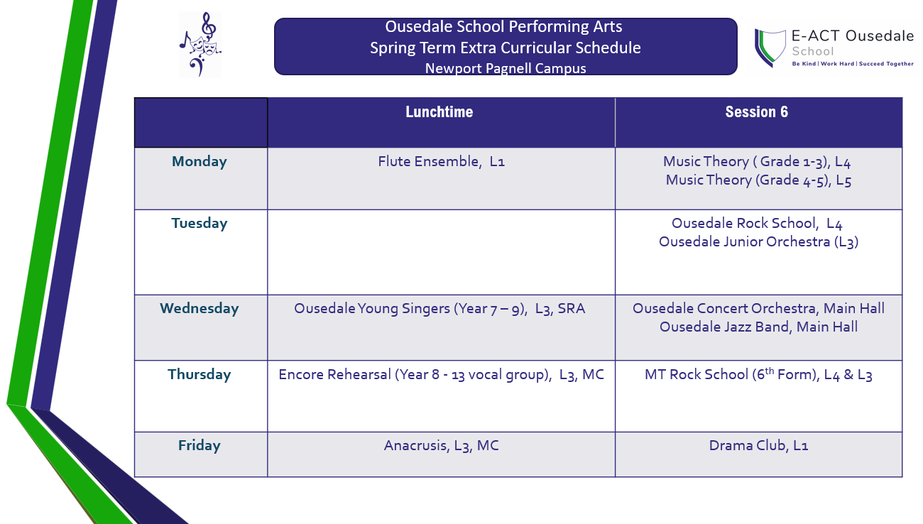 Newport Pagnell performing arts schedule for spring term 2025. Contact us for a printed copy or for more information.