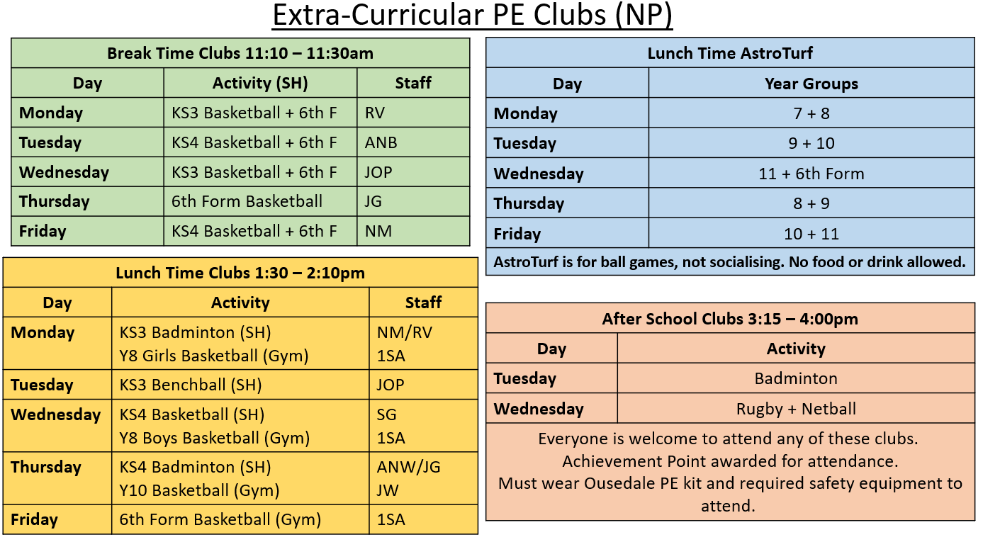 Newport Pagnell PE schedule for spring term 2025. Contact us for a printed copy or for more information.